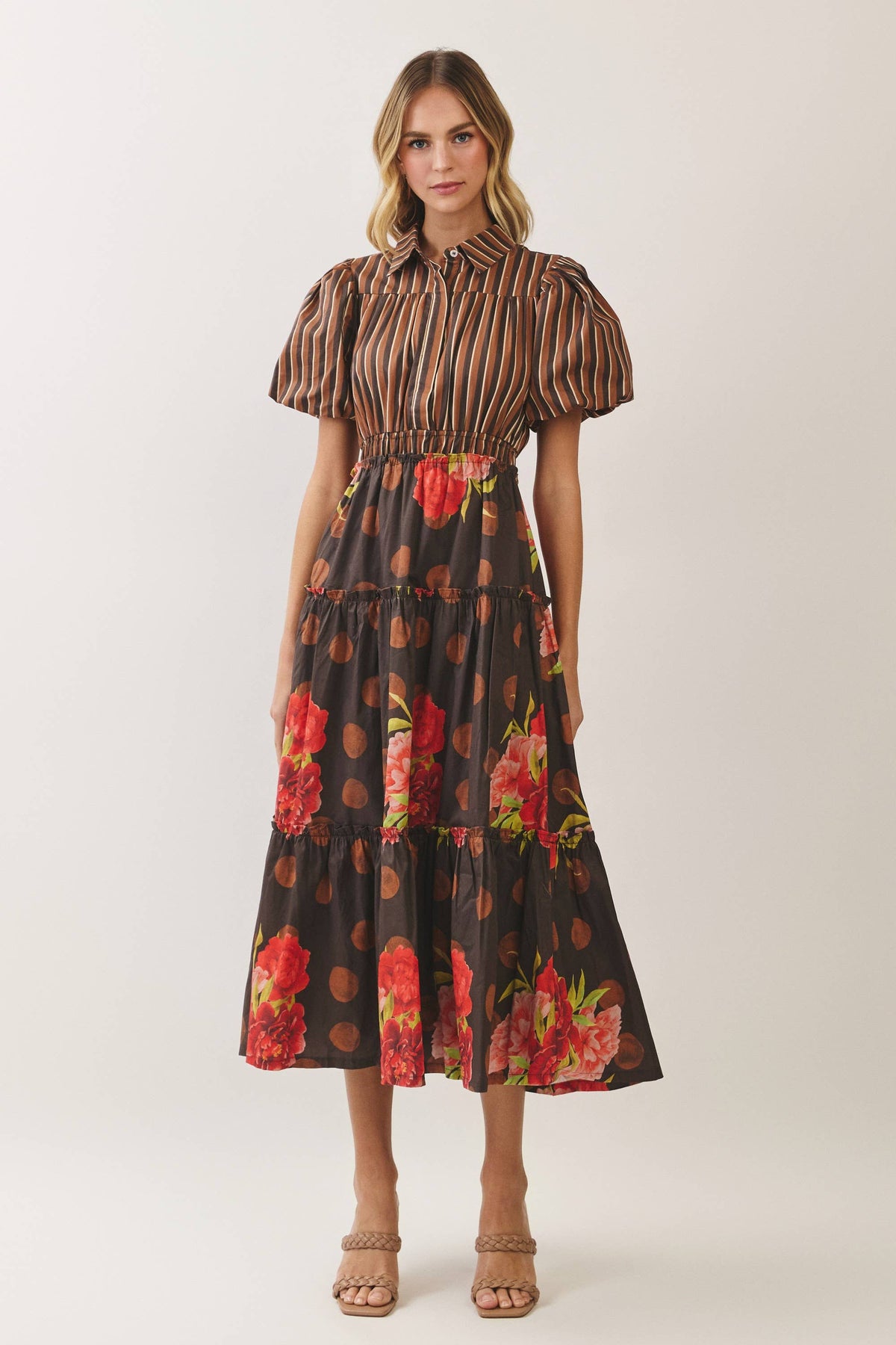Chocolate Mixed Print Puff Sleeve Tiered Midi Dress
