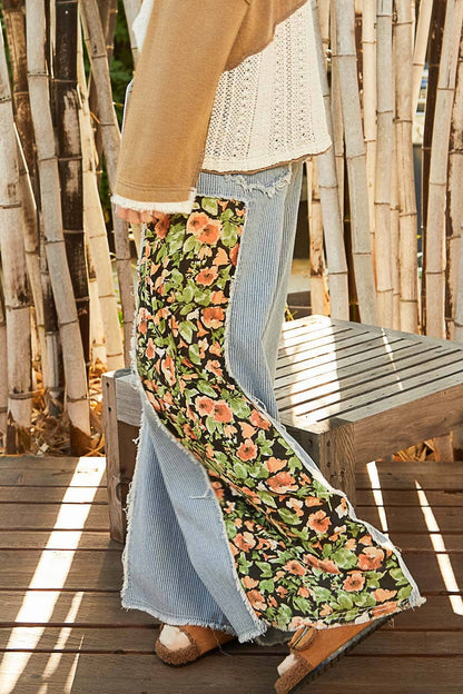 Floral Striped Wide Leg Jeans