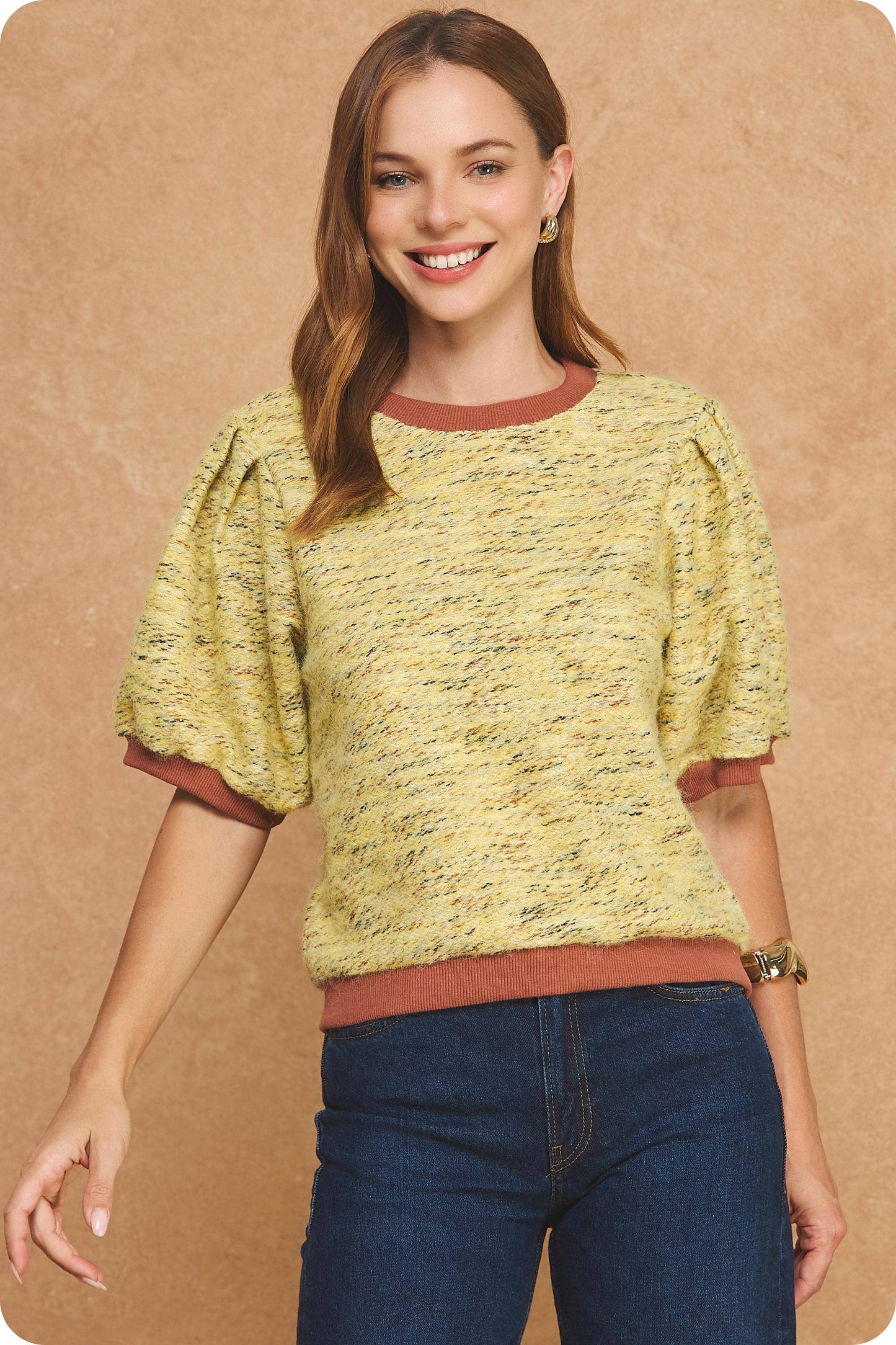 Marled Ribbed Contrast Short Puff Sleeve Sweater