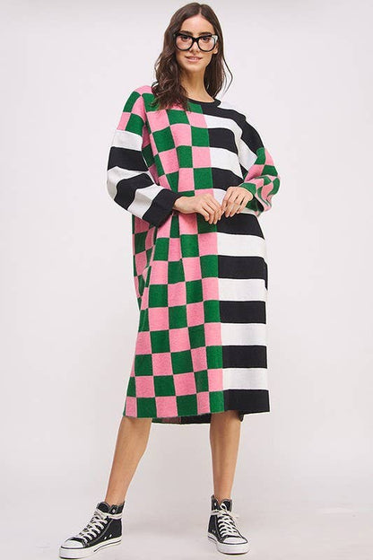 Checker & Stripe Oversized Sweater Dress