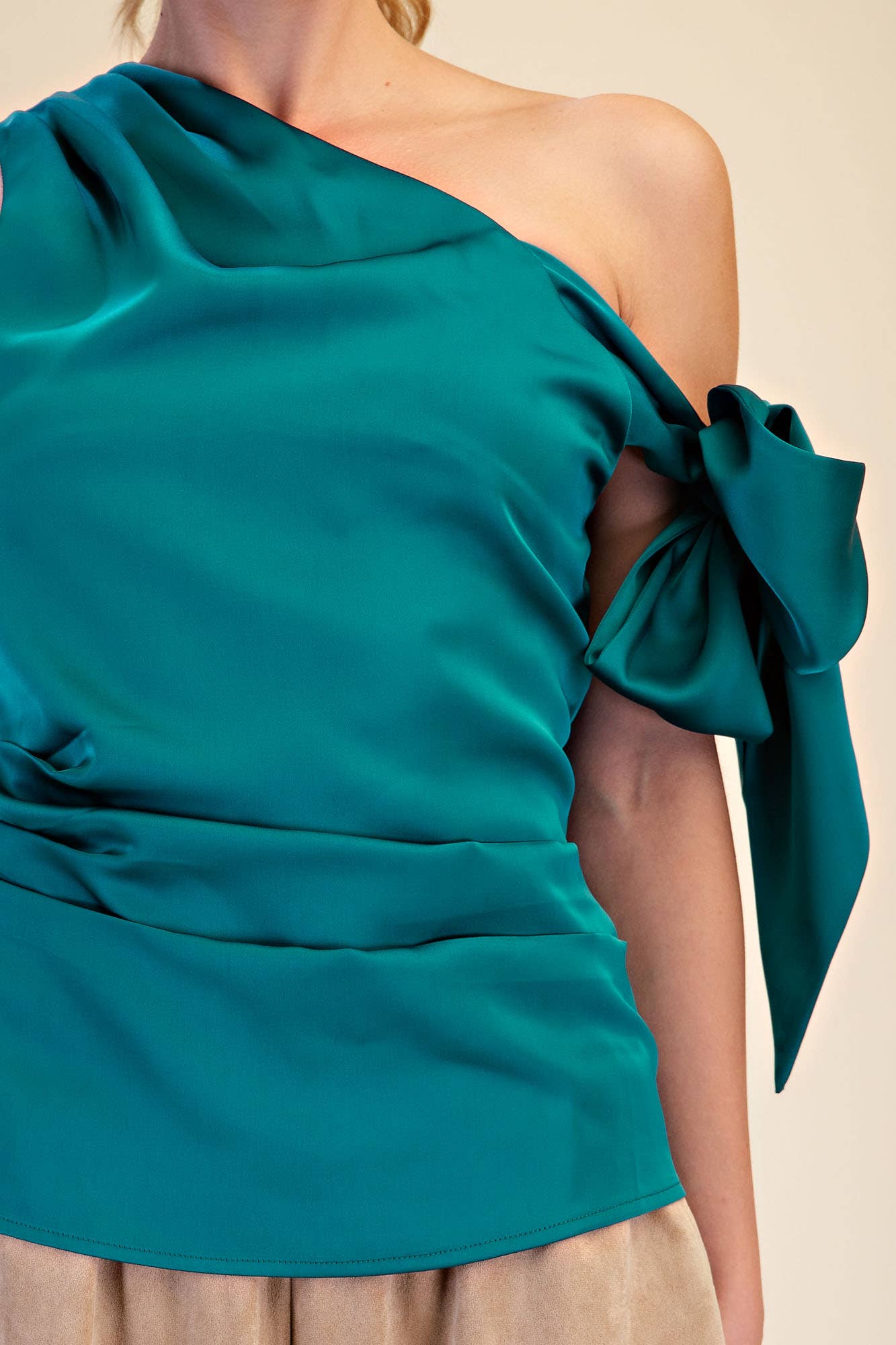 Asymmetric One Shoulder Satin Bow Teal Top