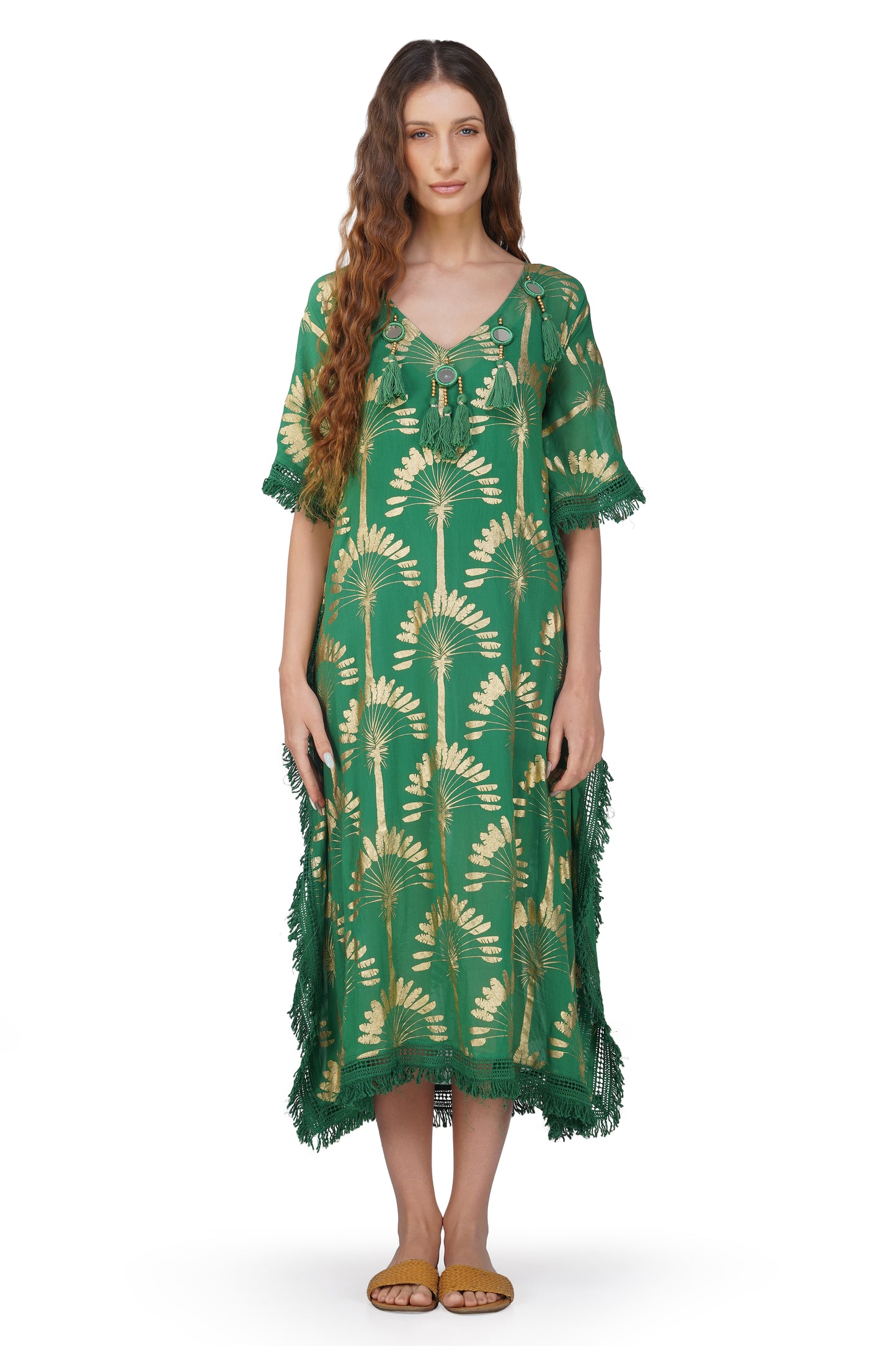 Pine Green Foil Tassel Kaftan