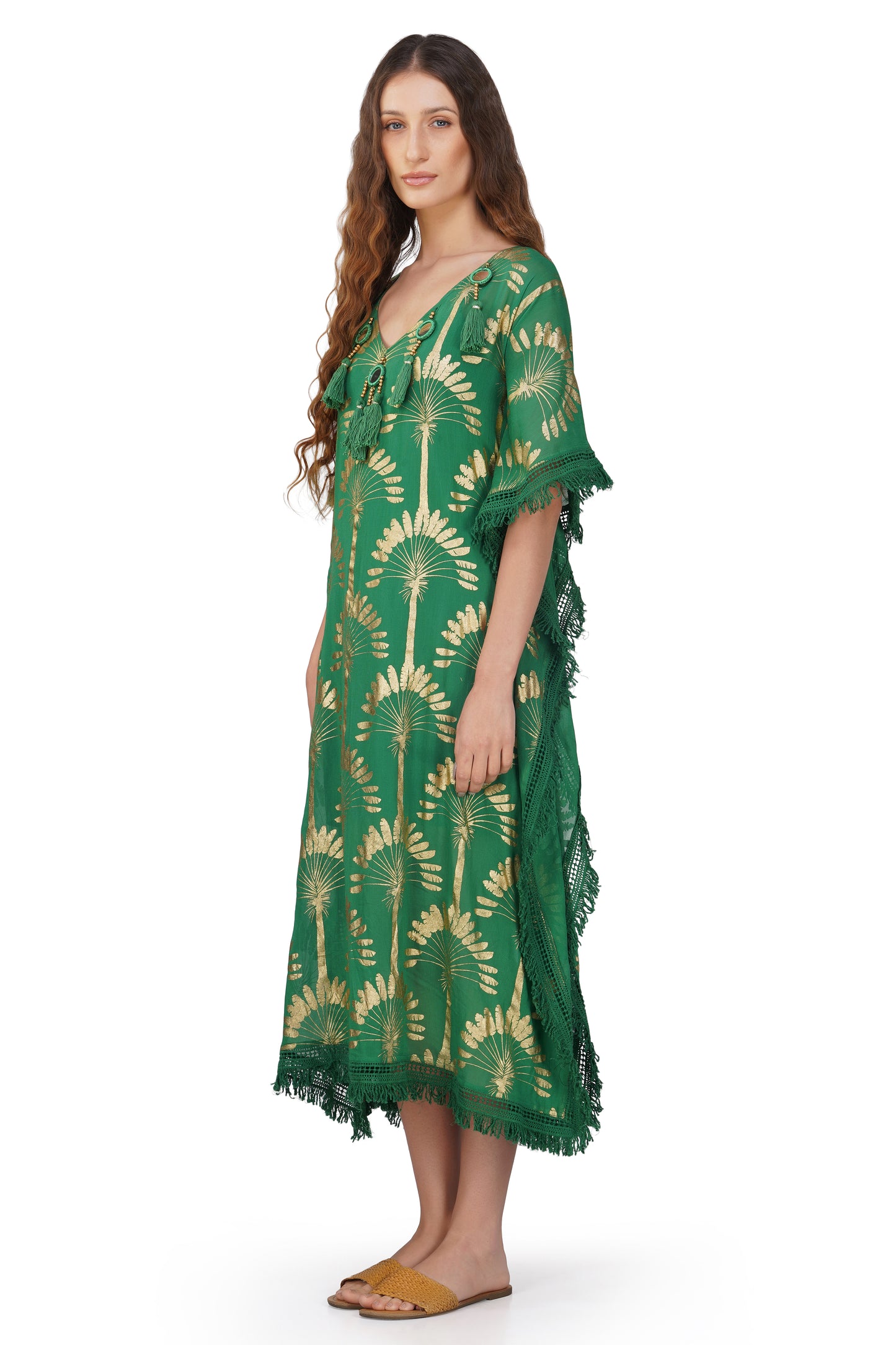 Pine Green Foil Tassel Kaftan