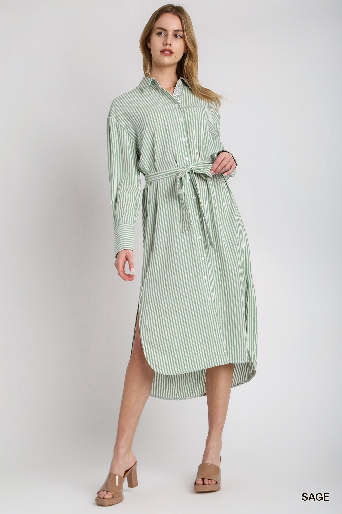 Striking in Sage Button Down Dress