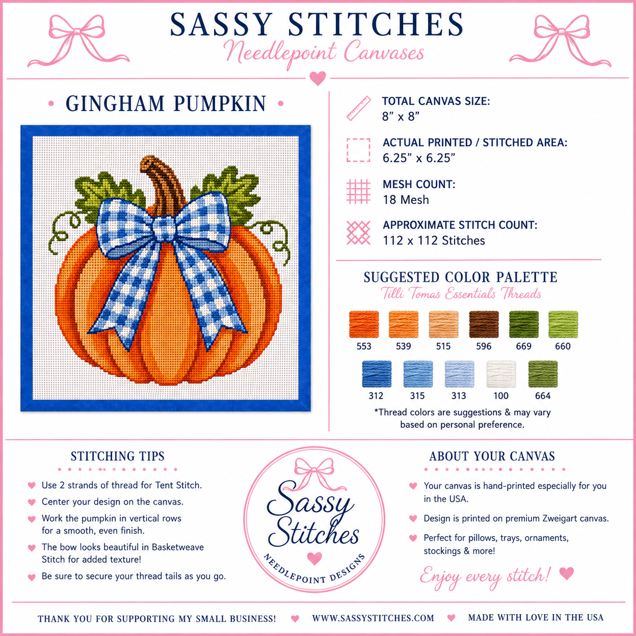 Gingham Bow Pumpkin Printed Needlepoint Canvas