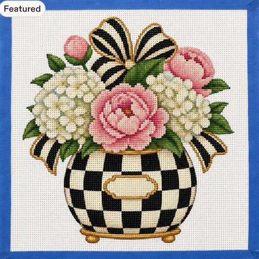 Inspired Check Pink Peonies Printed Needlepoint Canvas