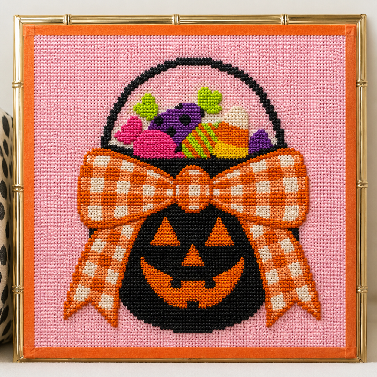 Halloween Gingham & Ghosts Printed Needlepoint Canvas