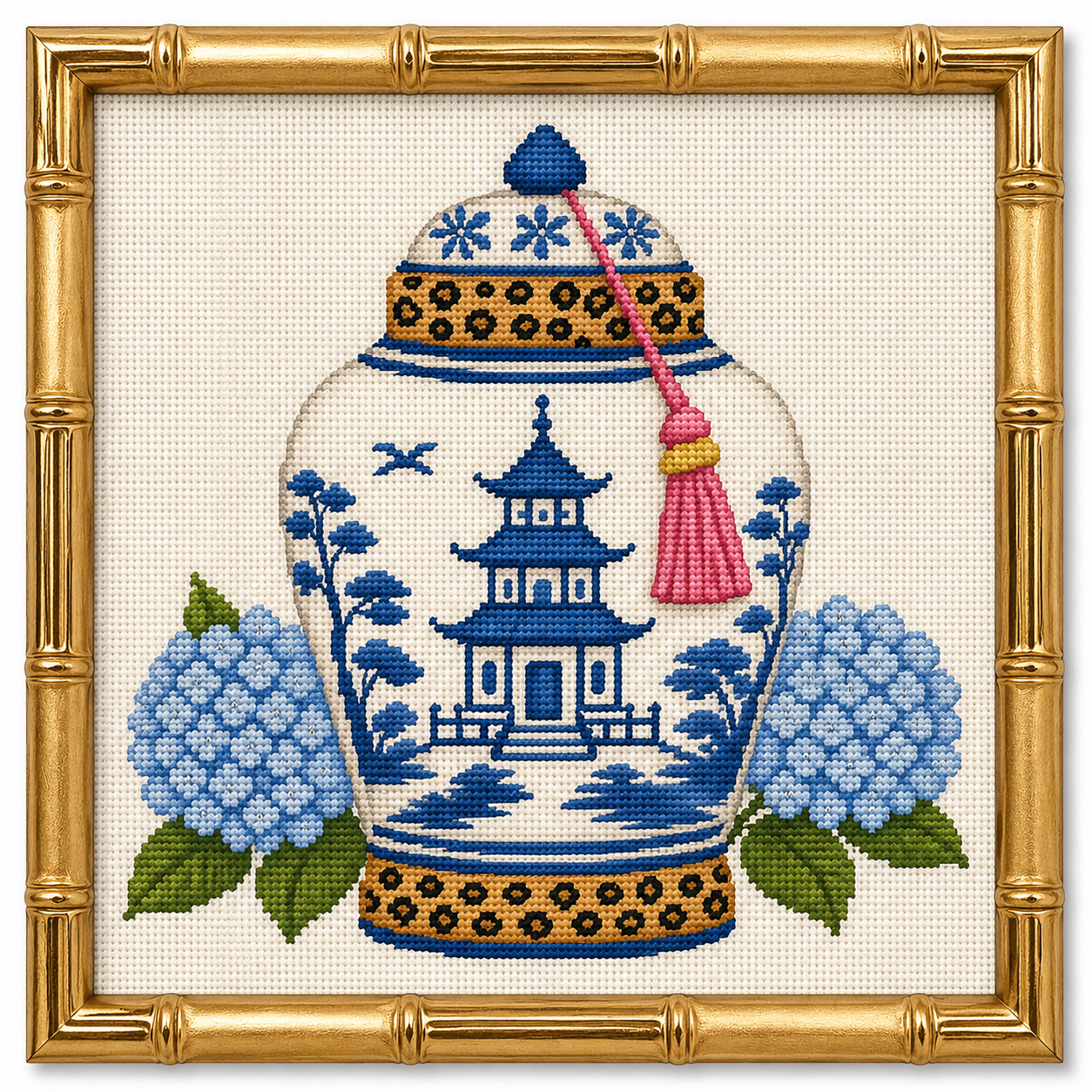 Tassel Ginger Jar Printed Needlepoint Canvas