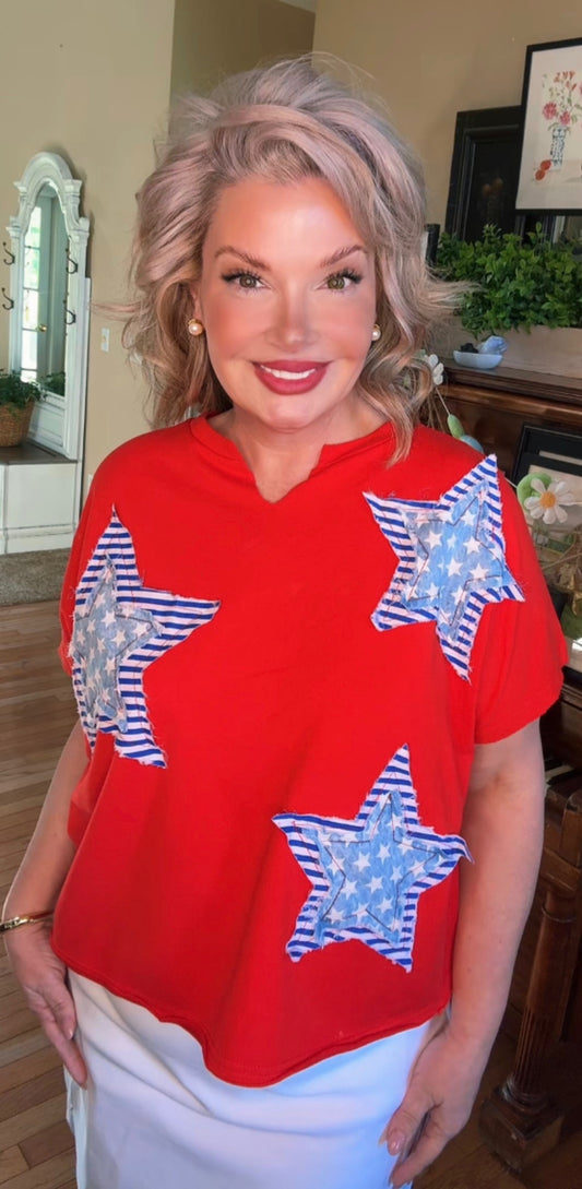 Red, White, and Blue Star Patched Top