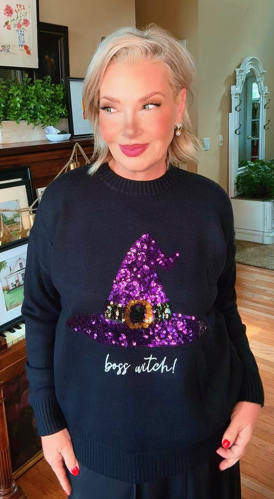 Boss Witch Sequin Halloween Sweater