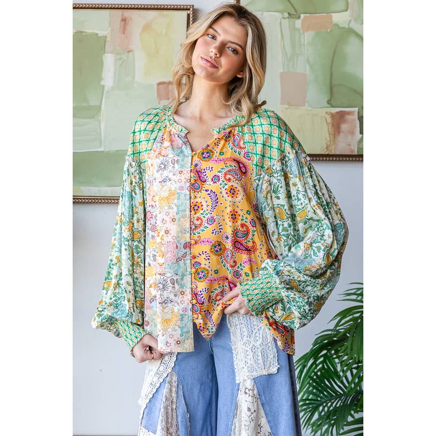 Mixed Pattern Floral Printed Blouse