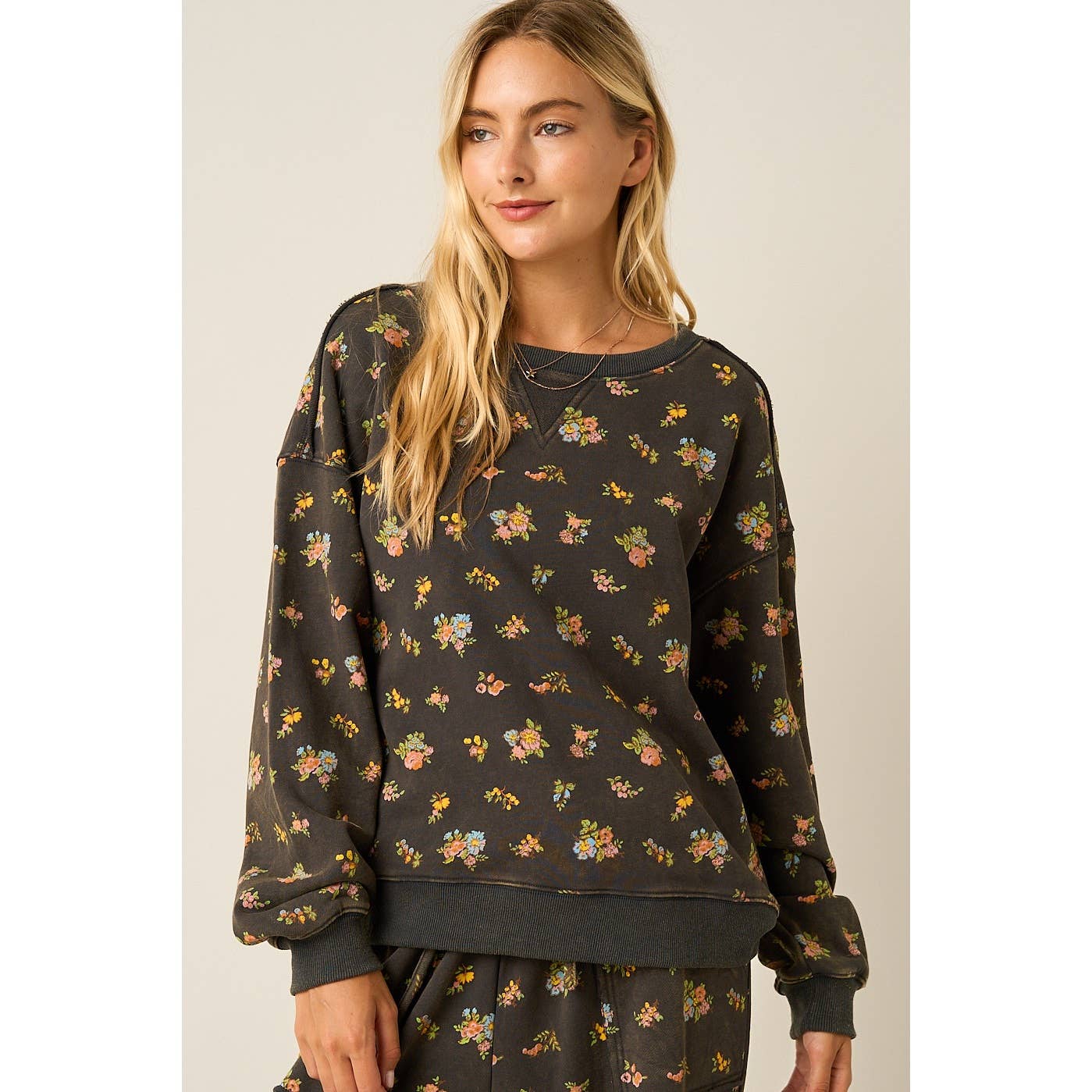 Brown Floral Print Washed Sweatshirt
