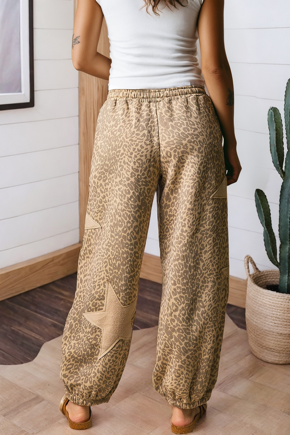 Leopard Star Patched Drawstring Jogger Pants