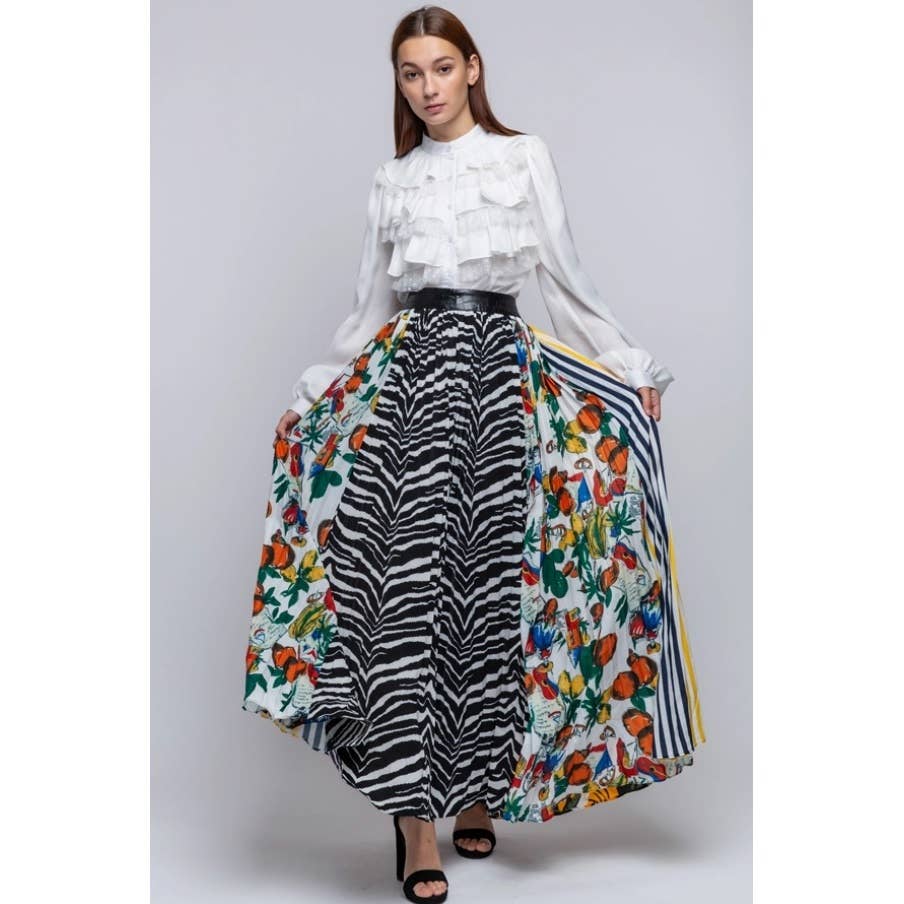 Pleated Multi Print Maxi Skirt