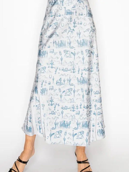 Silky Satin Western Print Skirt