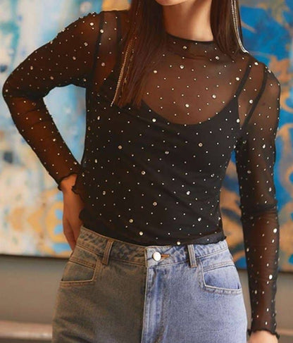 Rhinestone Sheer Mesh Top