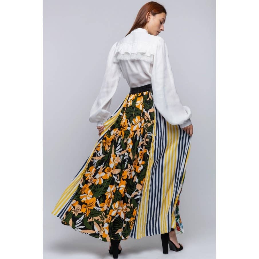Pleated Multi Print Maxi Skirt