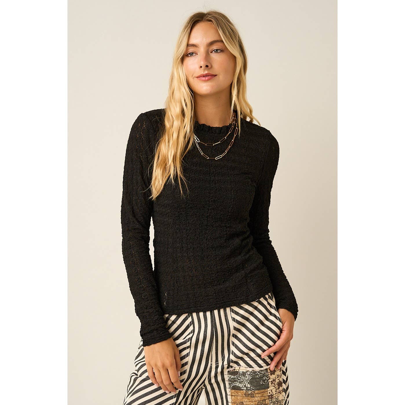 Textured Ruffle Neck Long Sleeve in Black
