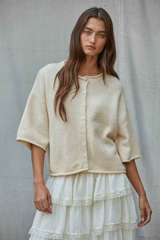 Knit Sweater Quarter Sleeve Button Up Cardigan