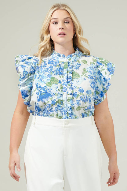 Truth Be Told Blue Floral Sleeveless Ruffle Top