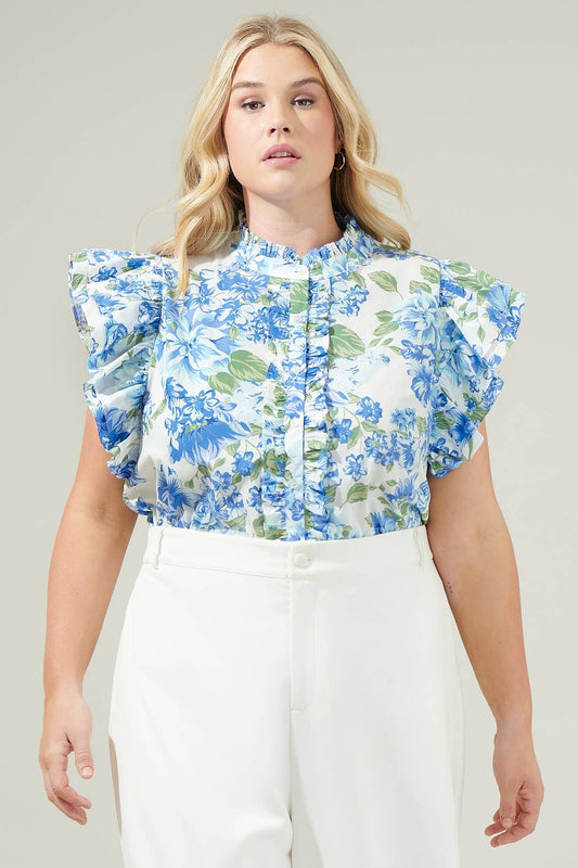 Truth Be Told Blue Floral Sleeveless Ruffle Top