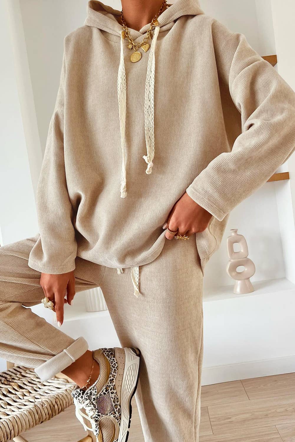 Cord with Leopard Trim Hoodie and High Waist Pant Set