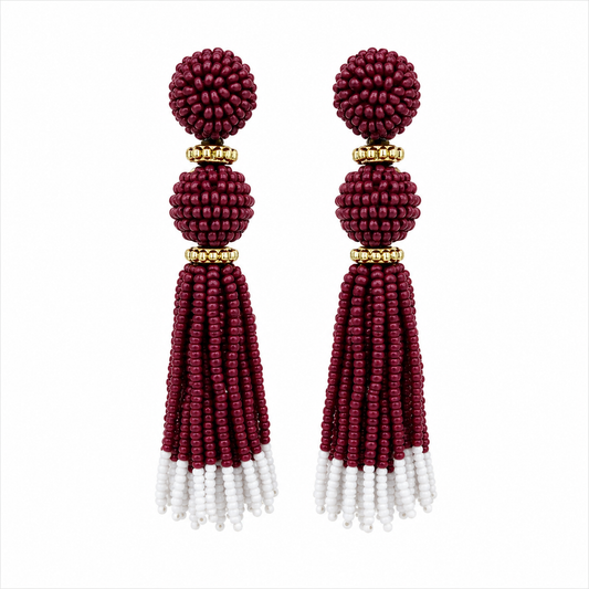 Burgundy Gameday Beaded Tassel Earrings