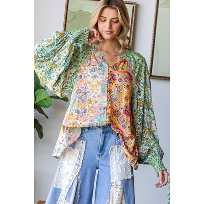 Mixed Pattern Floral Printed Blouse