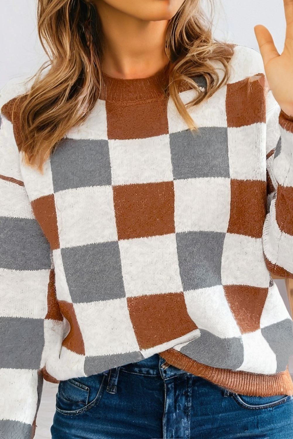 Brown Colorblock Checkered Plus Size Sweater