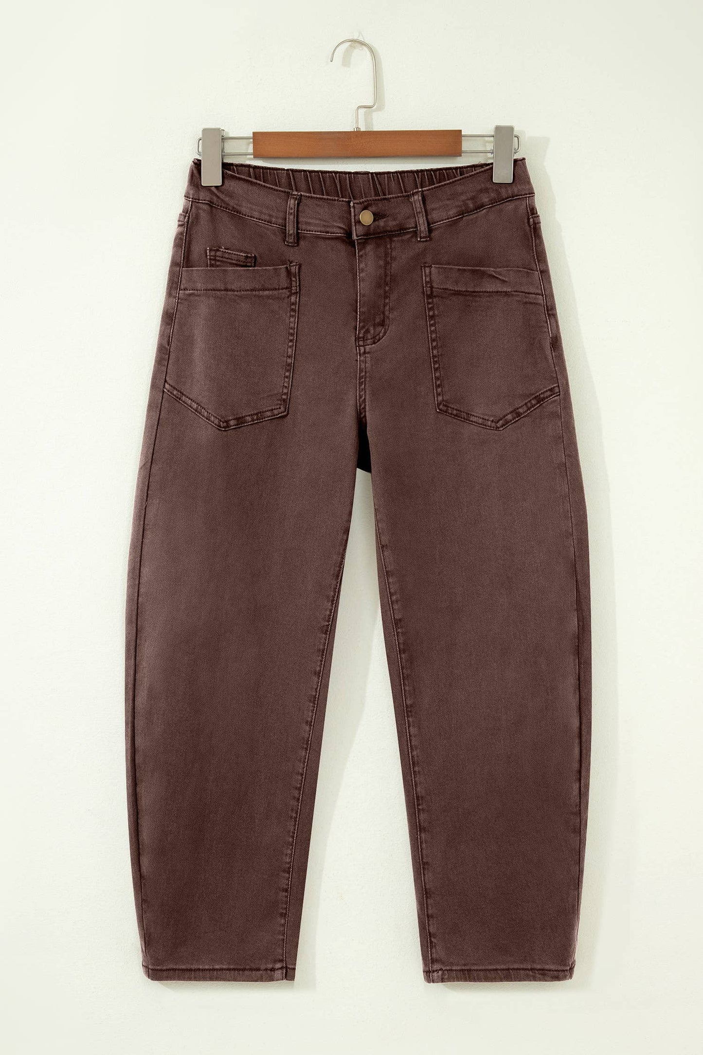 Solid Color Square Patch Pocket Ankle-length Barrel Jeans