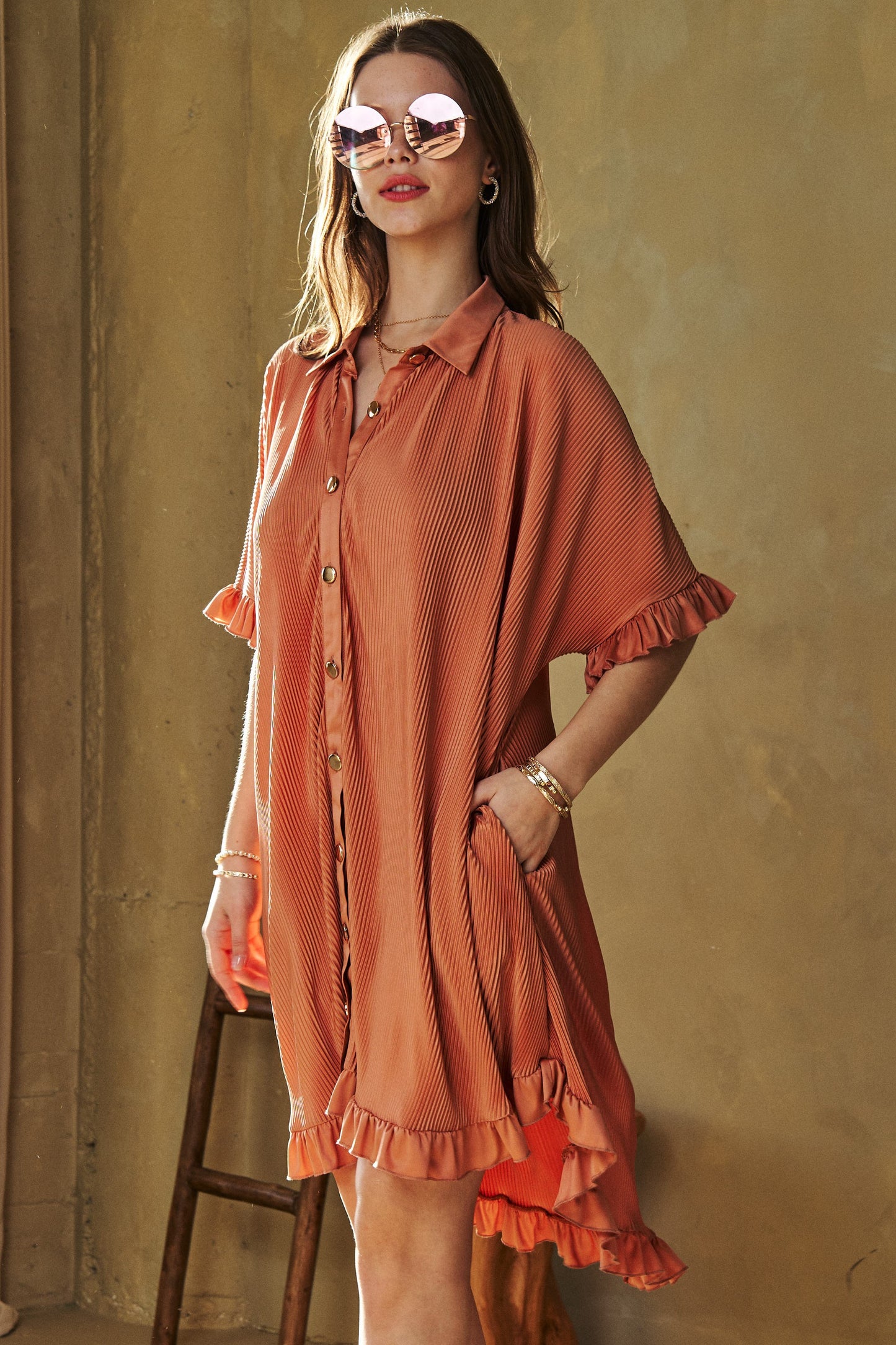 Perfectly Pleated Apricot Dress