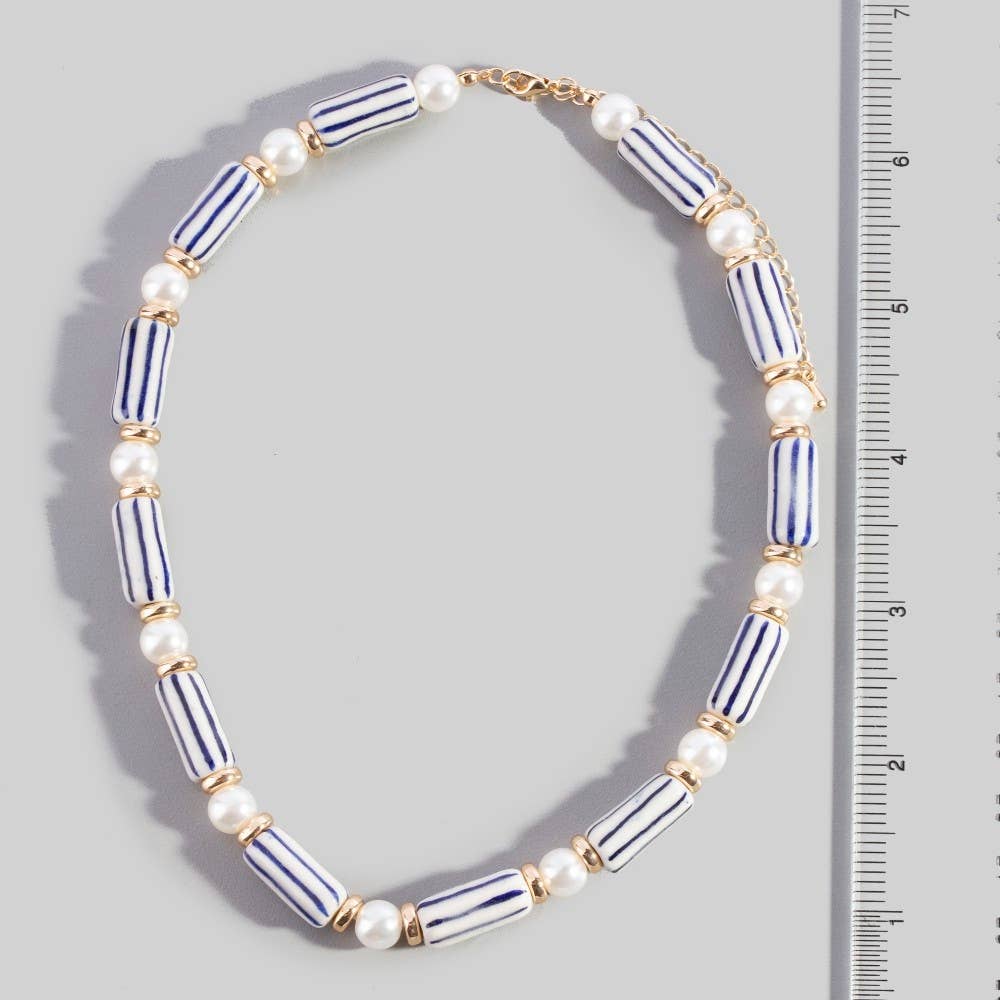 Pearl And Striped Ceramic Beads Necklace