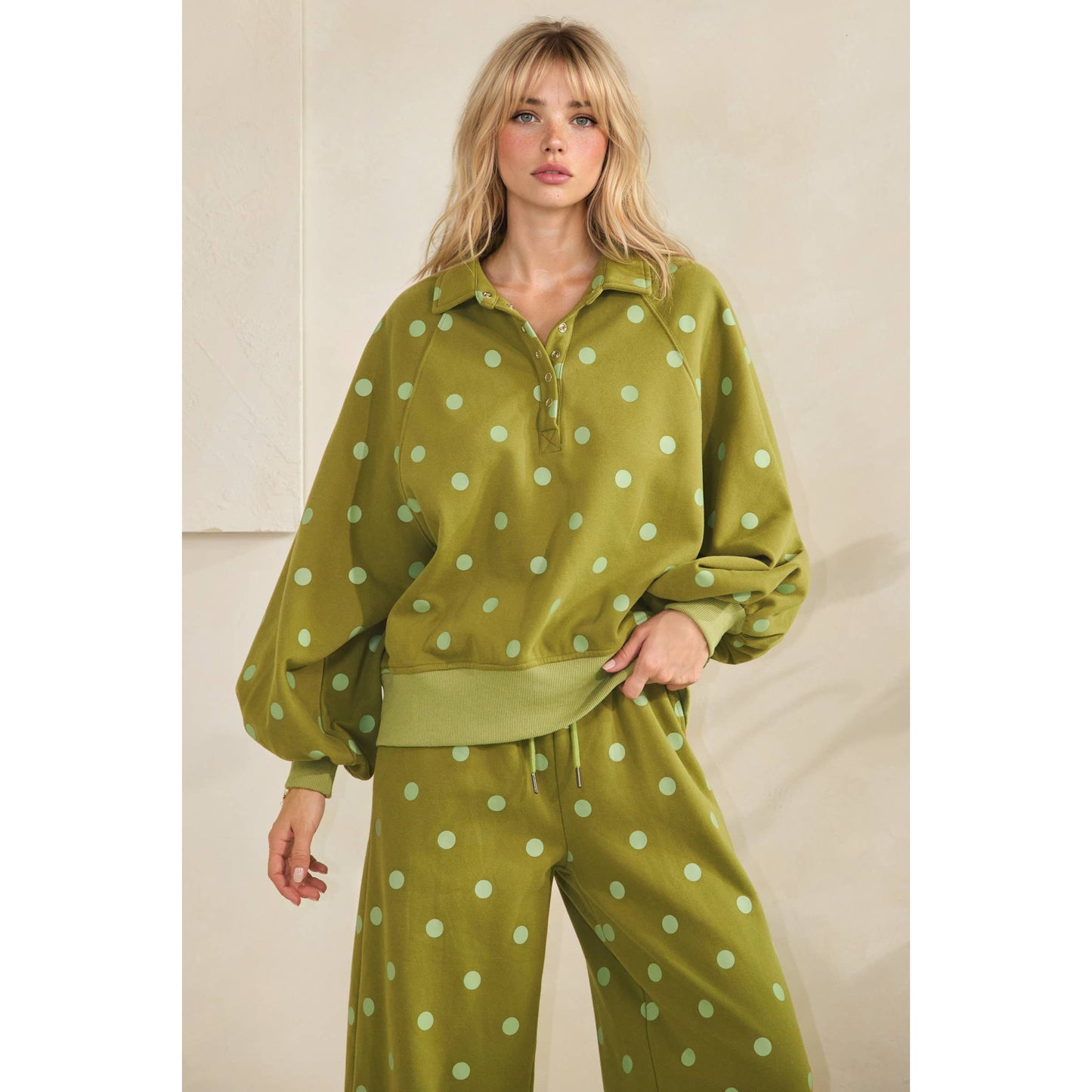 Olive Dot Quarter Zip Set