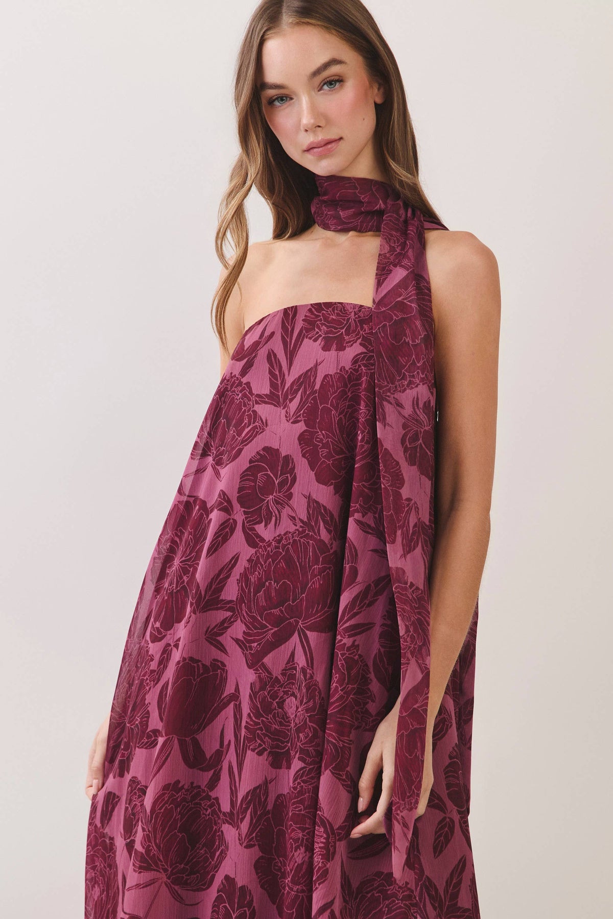 Floral Print Scarf Burgundy Maxi Dress