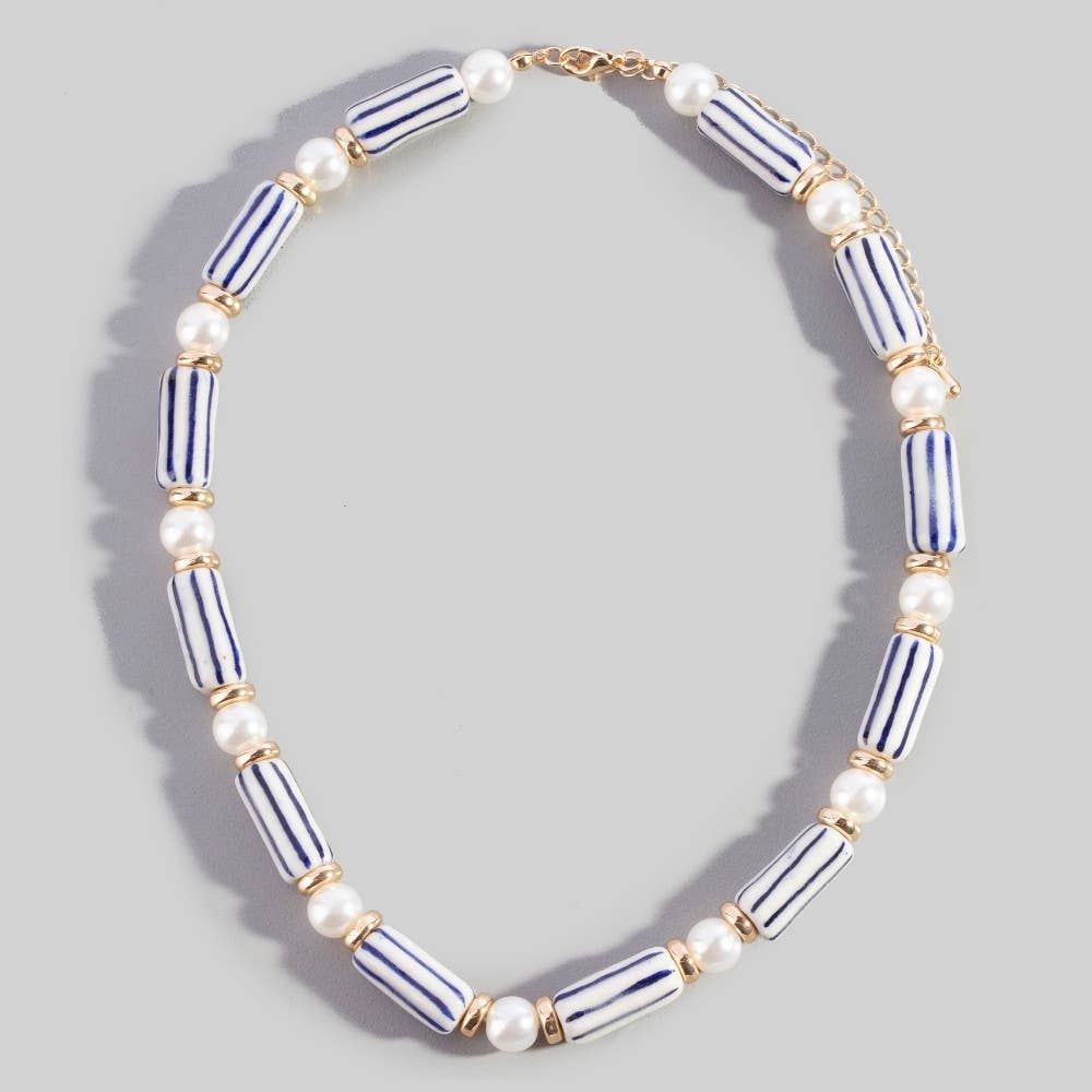 Pearl And Striped Ceramic Beads Necklace