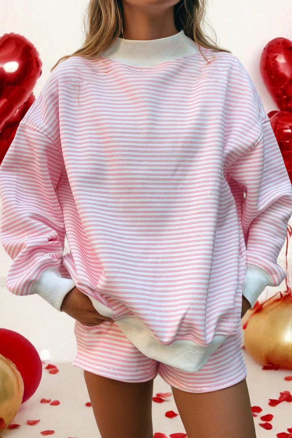 Oversize Stripe Mock Neck Sweatshirt and Shorts Set