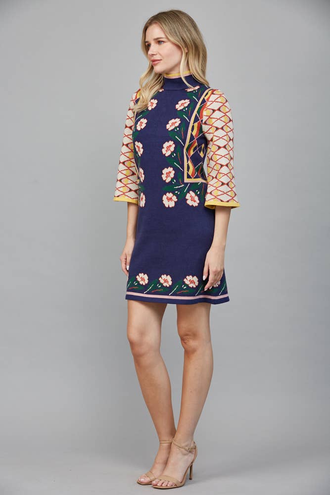 FLORAL MOTIF JACQUARD KNIT HIGH NECK SWEATER DRESS