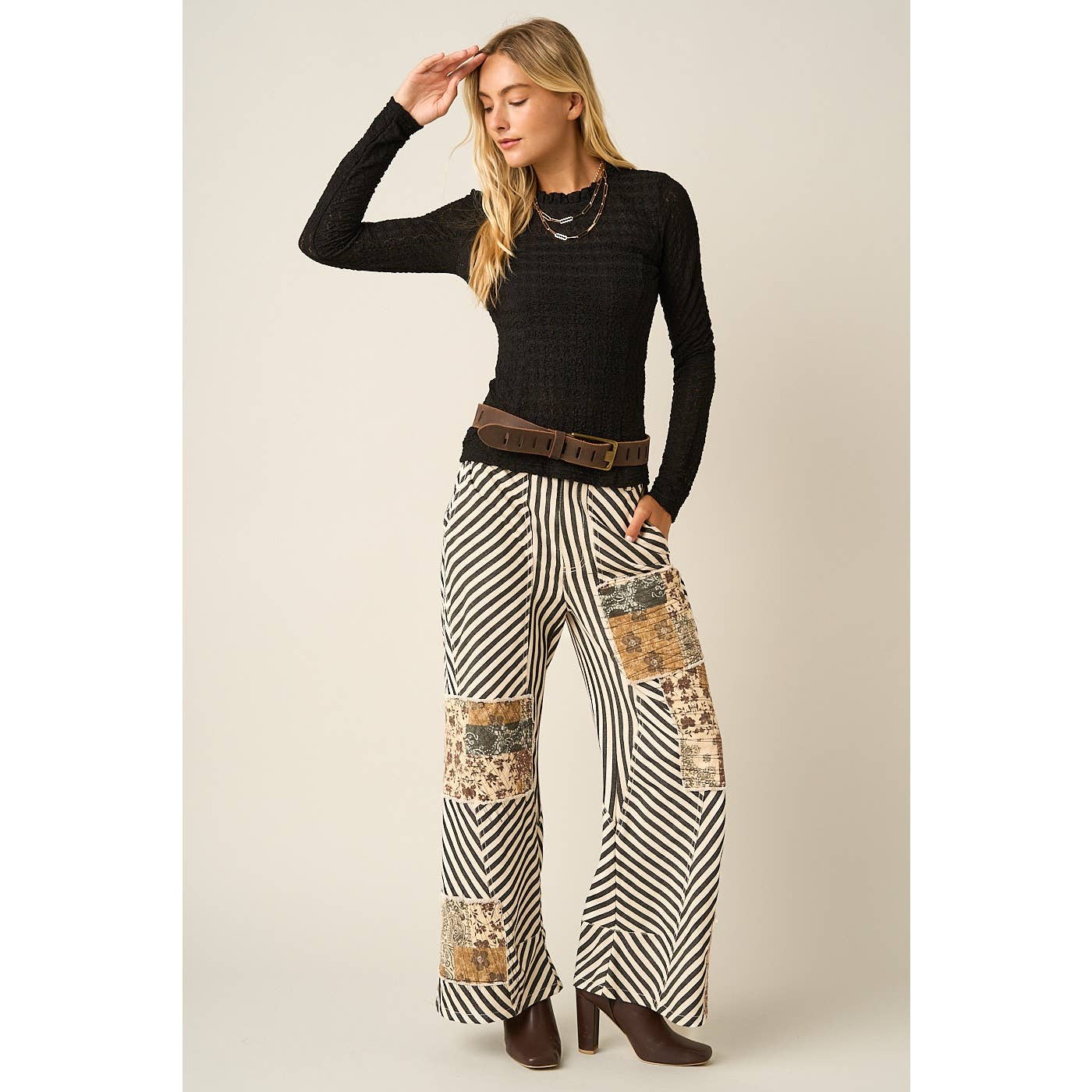 Textured Ruffle Neck Long Sleeve in Black