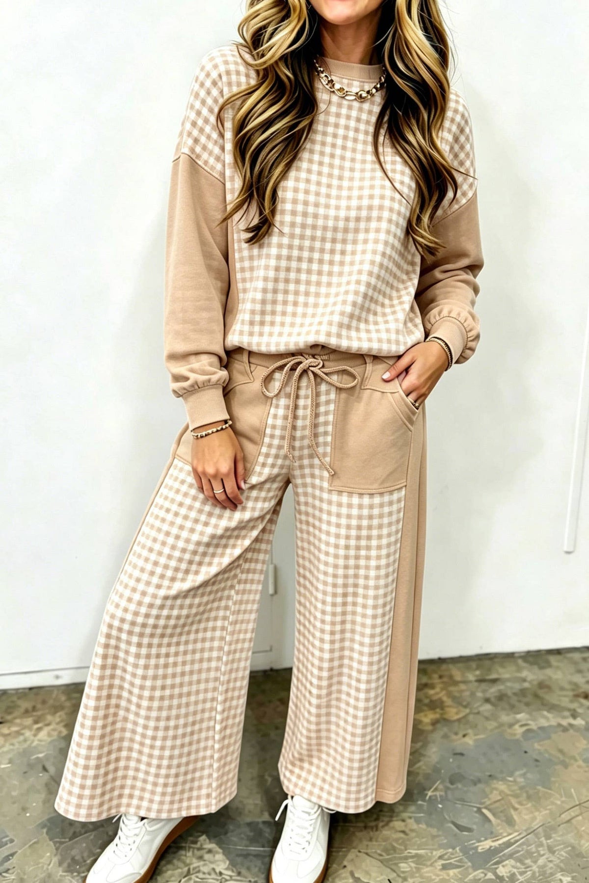 Plaid Patchwork Long Sleeve Pullover Wide Leg Pant Set