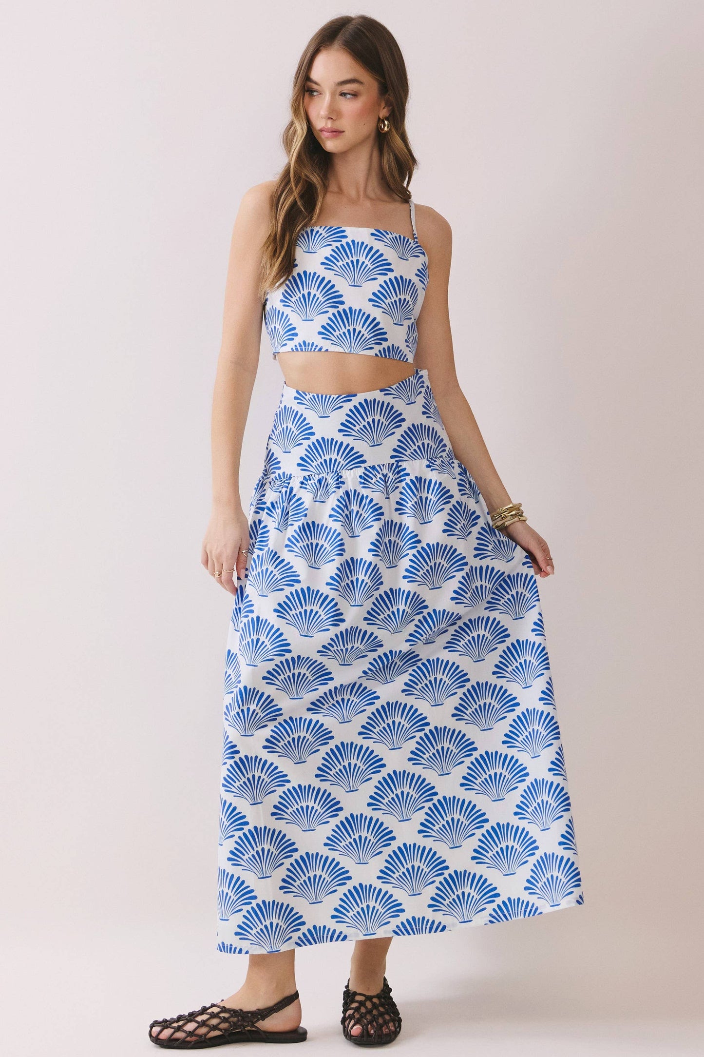 Shell Print Tiered High Waist Midi Skirt