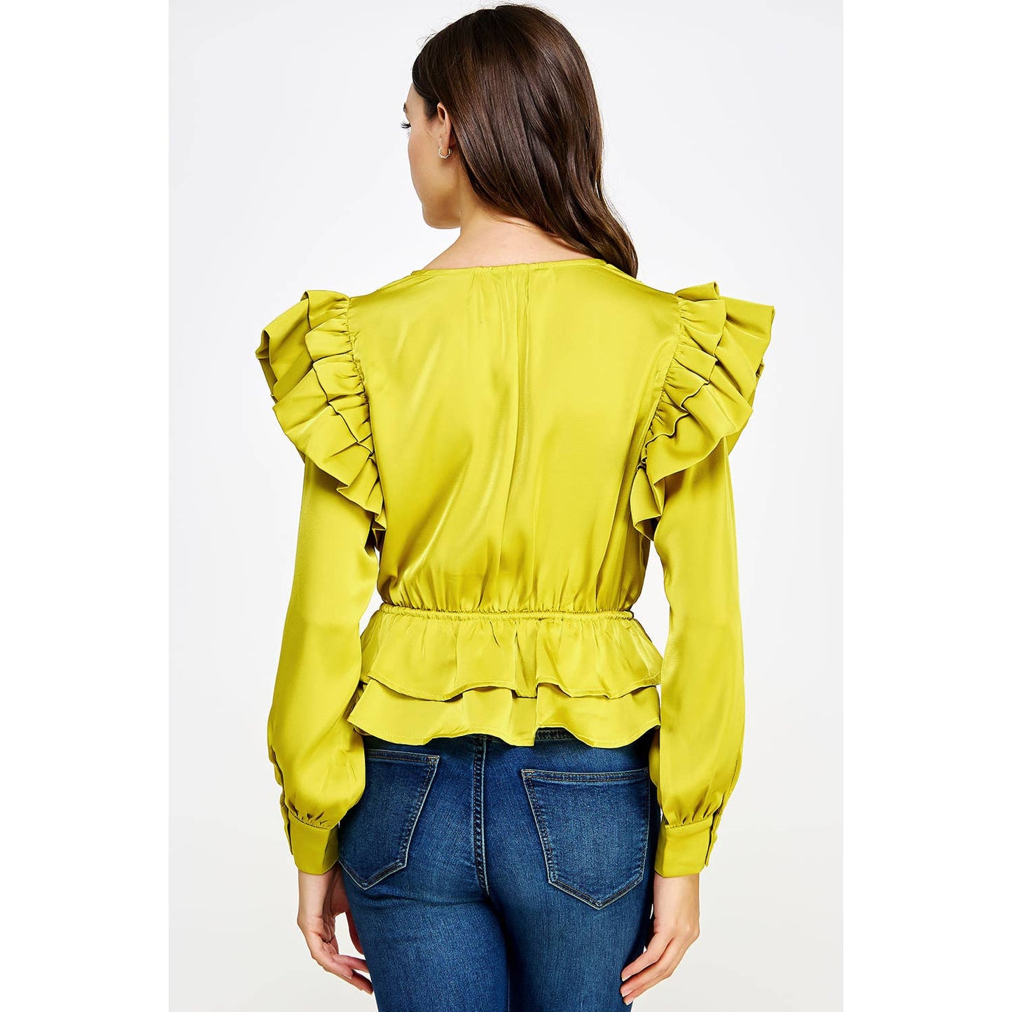 Chartreuse Satin Ruffle Shoulder Blouse
