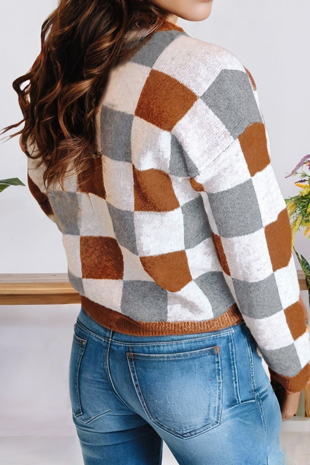 Brown Colorblock Checkered Plus Size Sweater
