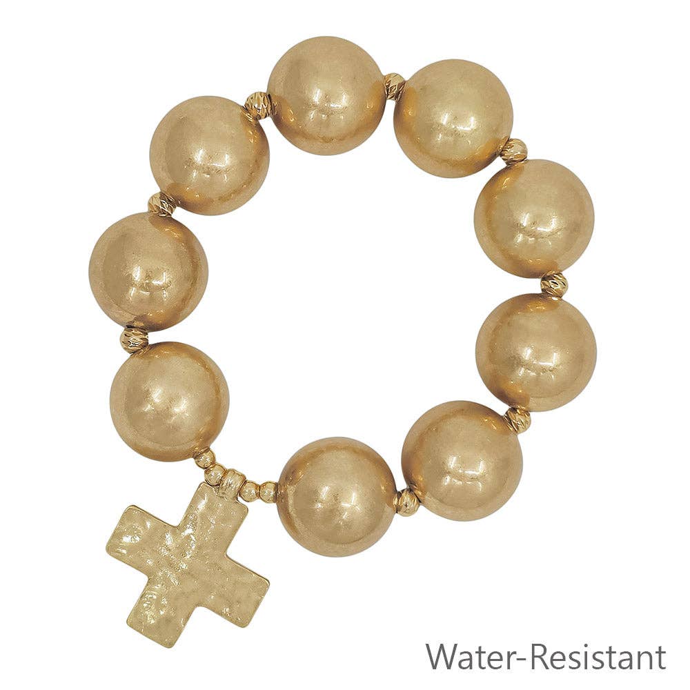 20MM Gold Beaded and Cross Stretch Bracelet