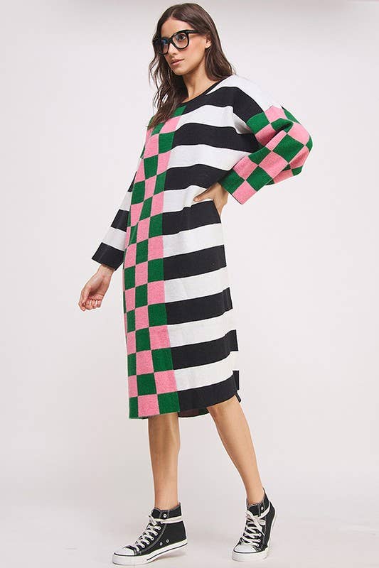 Checker & Stripe Oversized Sweater Dress