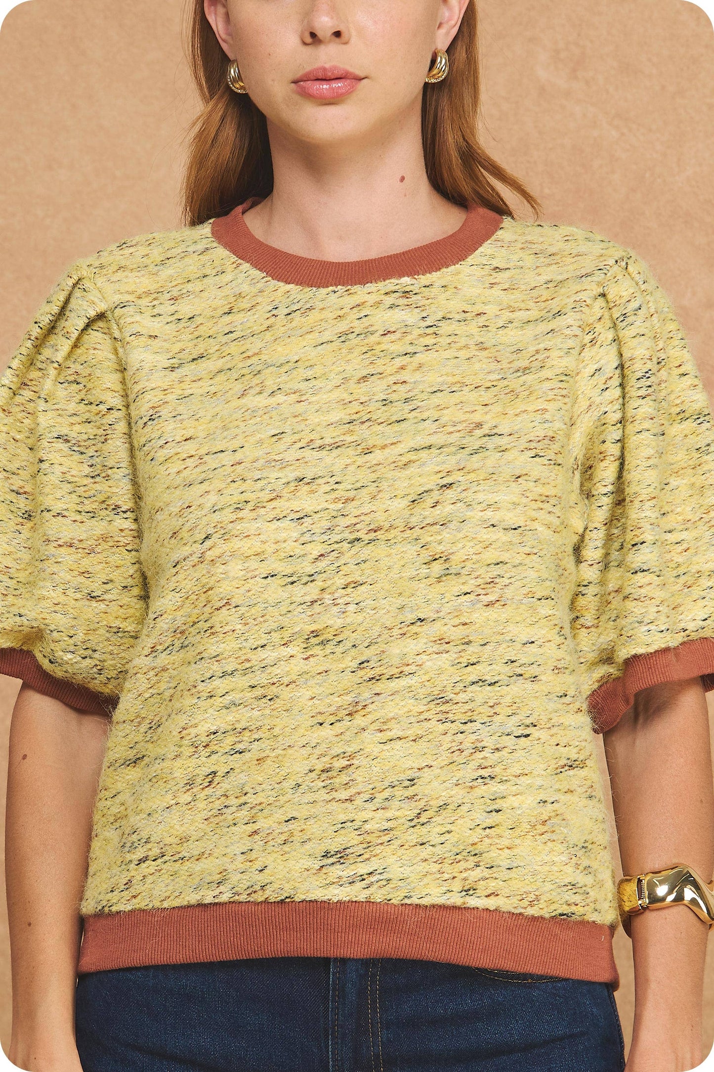 Marled Ribbed Contrast Short Puff Sleeve Sweater