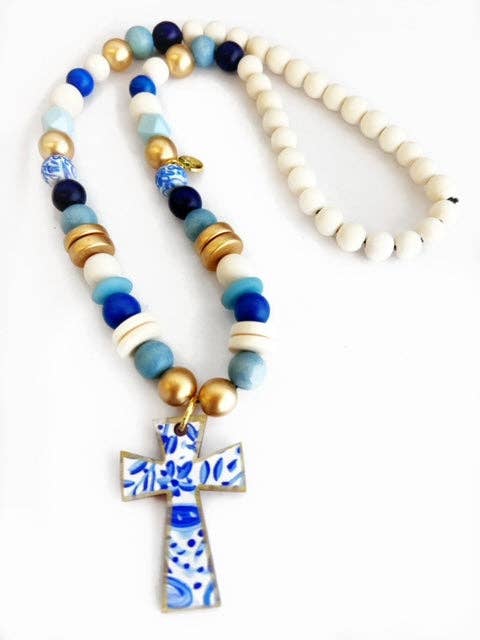 Hand painted Wooden Beaded Cross Necklace