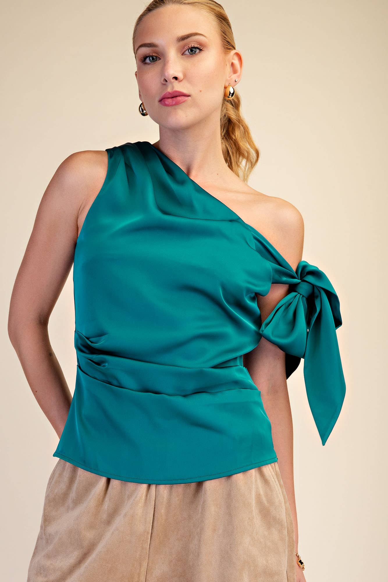 Asymmetric One Shoulder Satin Bow Teal Top