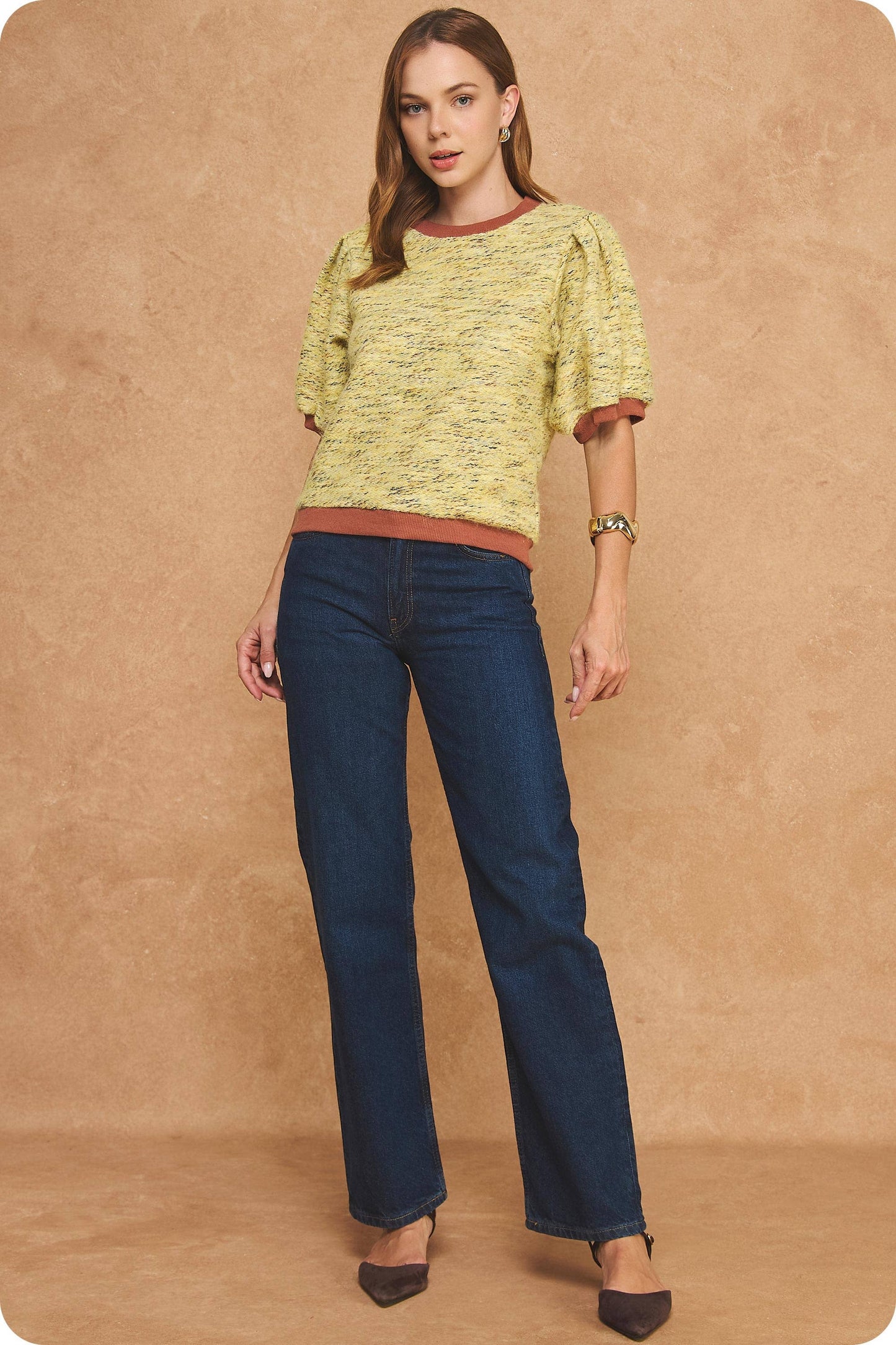 Marled Ribbed Contrast Short Puff Sleeve Sweater