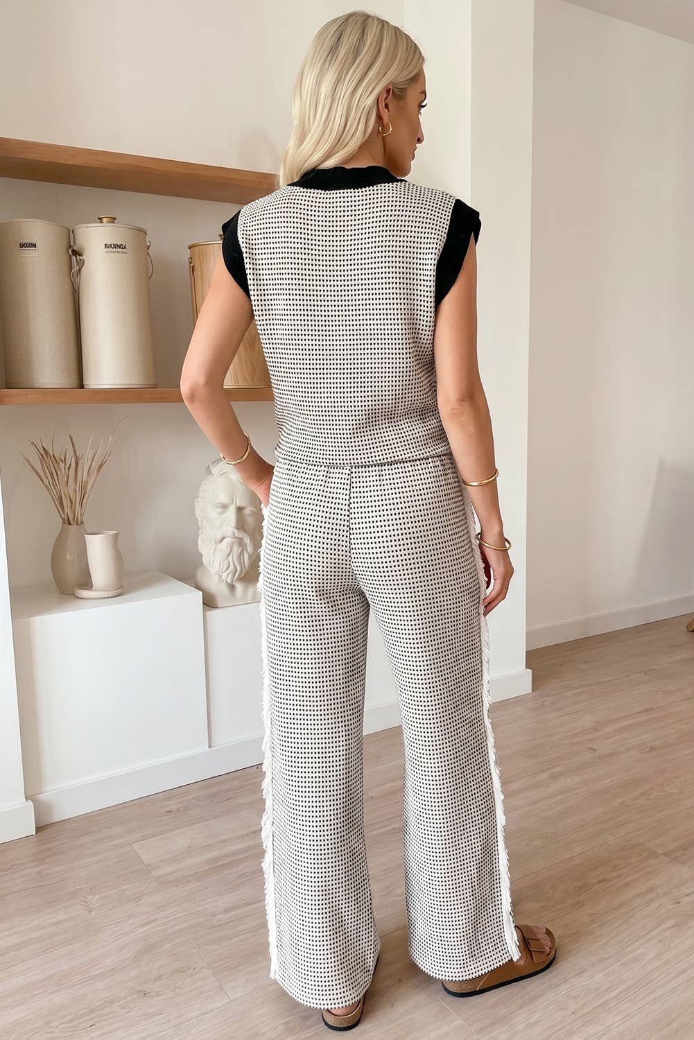 Stylish Knit V Neck Tank and Wide Leg Pants Set