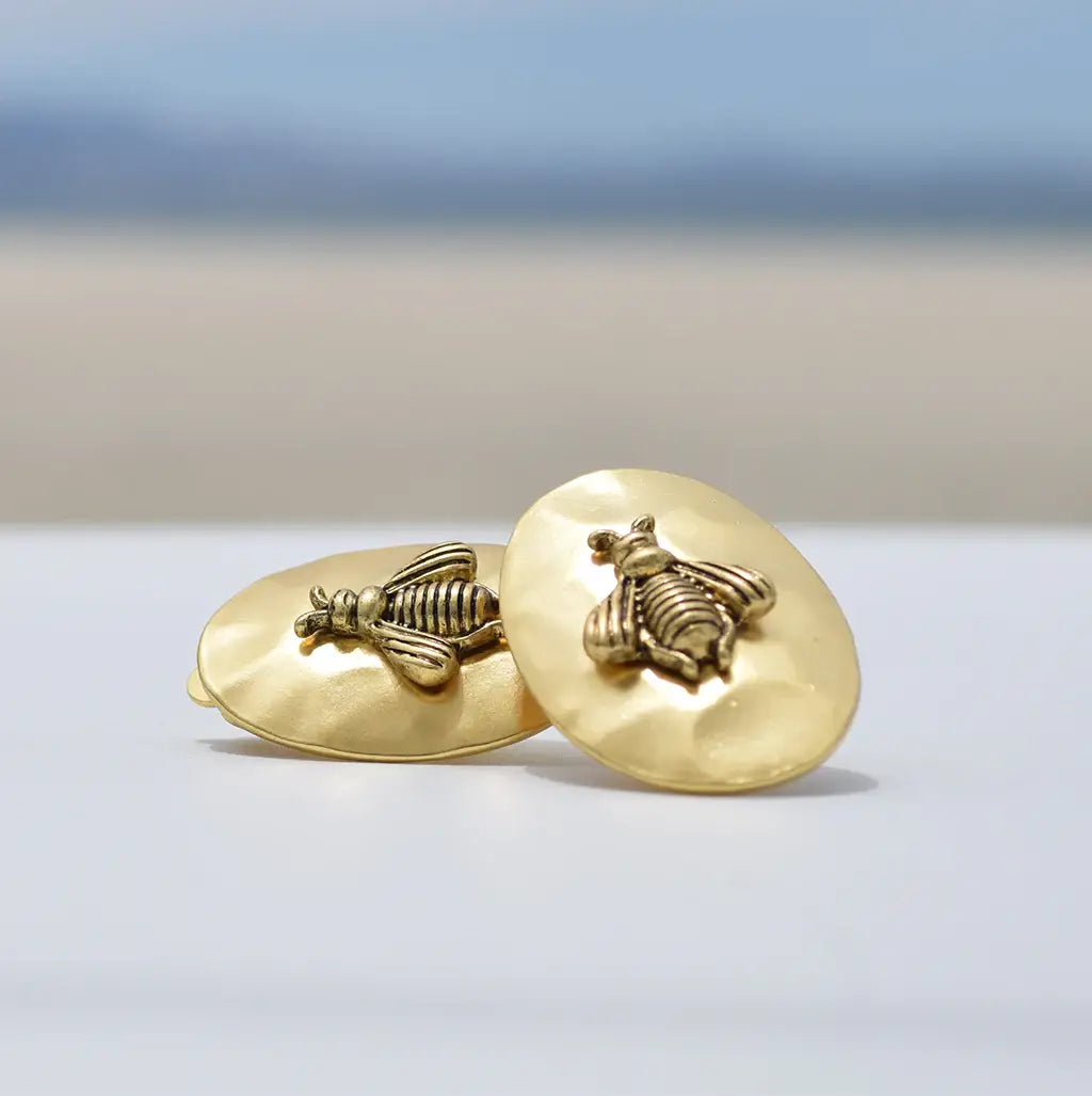 Oval Clip-on Earrings with Bumblebee Accent - 24K Gold Plate